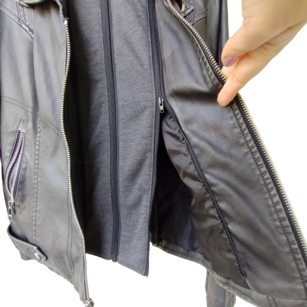 Black Rivet Vegan Leather Removable Hoodie Moto Jacket - Fits M - Carchoal/Black - Picture 10 of 16
